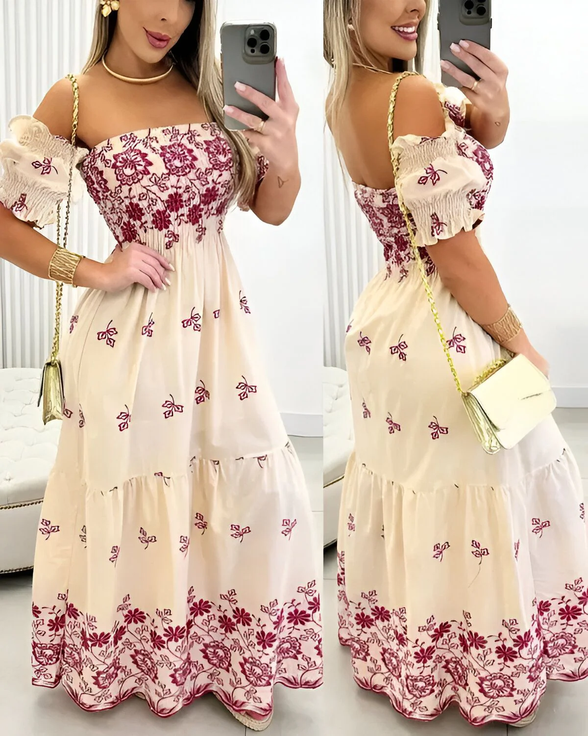 Robe longue froncée à imprimé floral et épaules dénudées