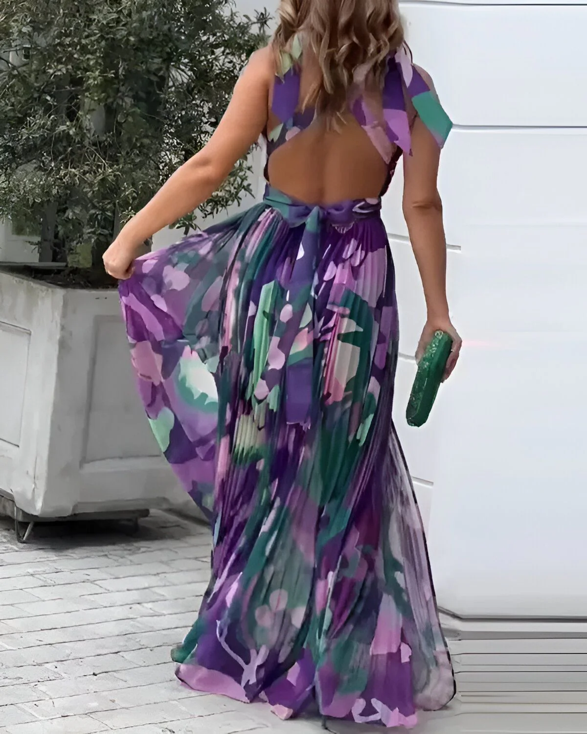 Robe longue froncée fendue et nouée sur l'ensemble imprimé – Image 4