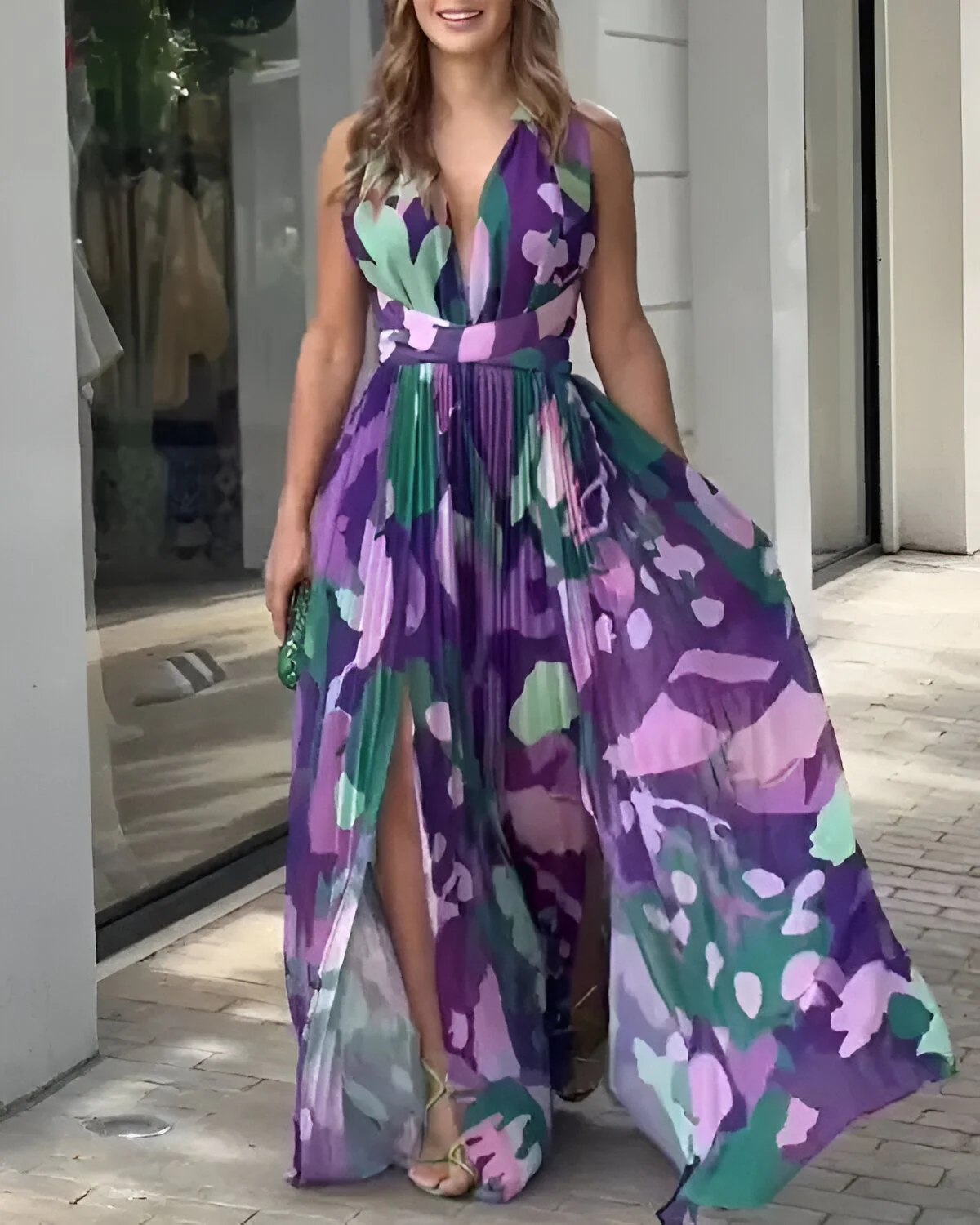 Robe longue froncée fendue et nouée sur l'ensemble imprimé – Image 5