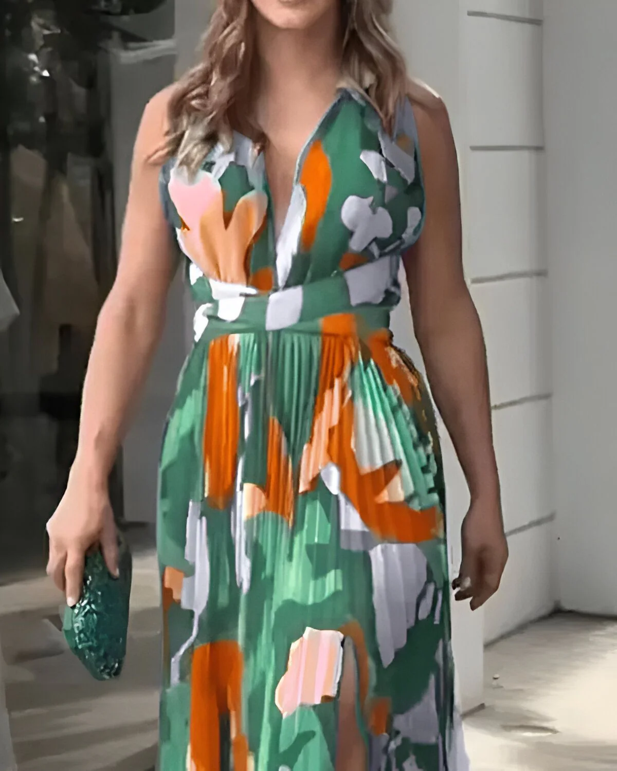 Robe longue froncée fendue et nouée sur l'ensemble imprimé – Image 8