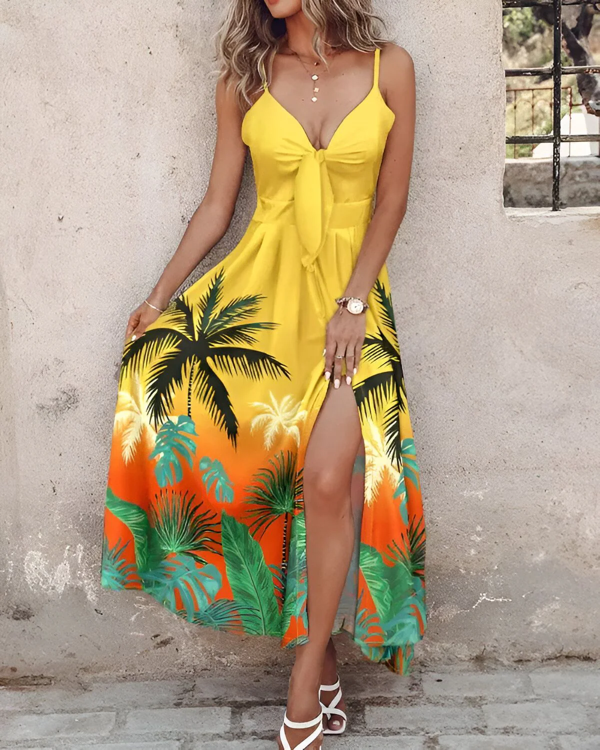 Robe longue ombrée à imprimé tropical et détail noué