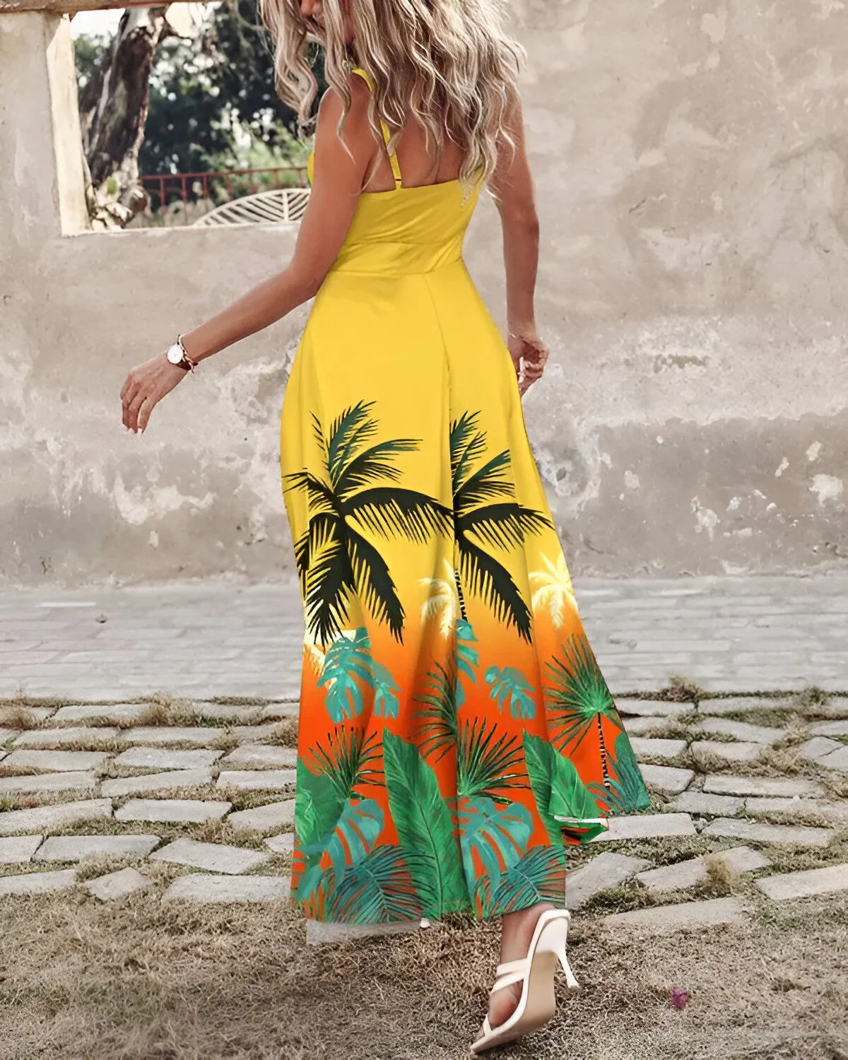 Robe longue ombrée à imprimé tropical et détail noué – Image 2