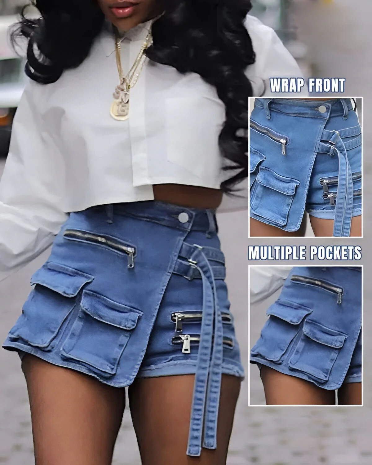 Short en jean à ourlet asymétrique avec poches multiples et fermeture éclair sur le devant – Image 2